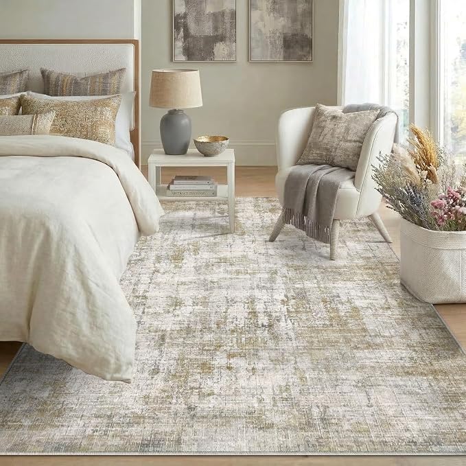 6x9 Area Rugs Washable Living Room Rug-No Slip Soft Carpets Modern Abstract Indoor Floor Stain Resistant Carpet for Bedroom Dining Room Farmhouse Nursery Home Office Tan