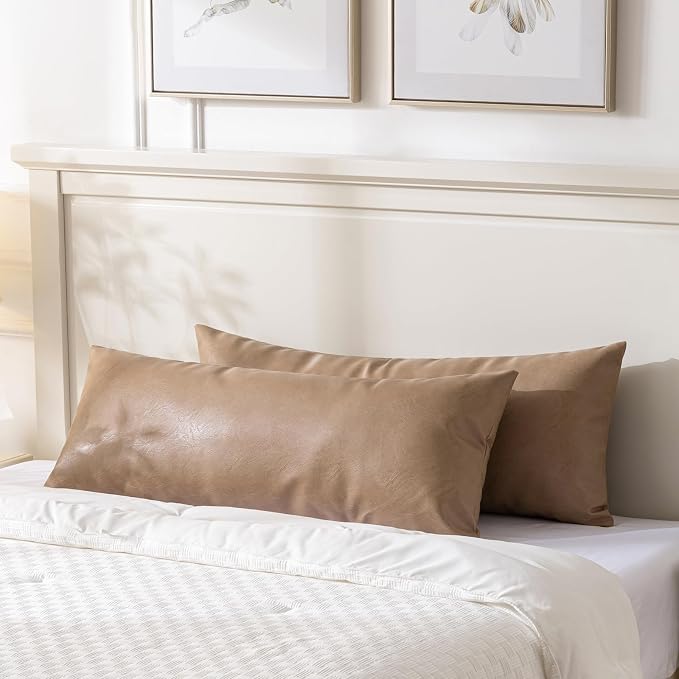 Fancy Homi Tan Boho Long Lumbar Faux Leather Body Decorative Throw Pillow Cover 12x40 Inch for Bedroom Couch Bed Sofa, Stylish Solid Rectangular Beige Pillowcase, Rustic Modern Farmhouse Room Decor