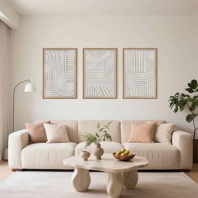 Large Abstract Neutral Geometric Framed Canvas Wall Art,Boho Minimalist Shapes Wall Decor,Modern Lines Artwork,Mid Century Arch Art Print for Living Room,Bedroom,Office- 16"x24"x3