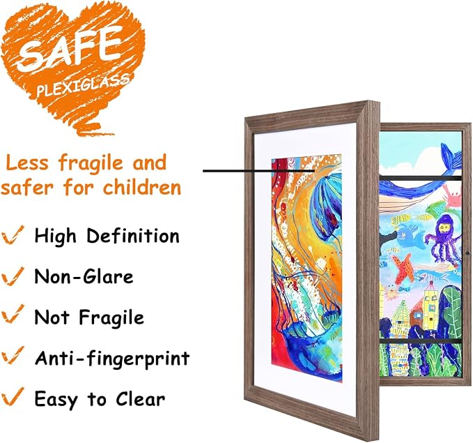 KINLINK 10x12.5 Kids Art Frame 2 Pack, Solid Wood Artwork Frames Changeable, Front Opening Hold 150 Pictures, Art Frames for Kids Artwork, 8.5x11 with Mat 10x12.5 without Mat, Picture Frames Brown Wood