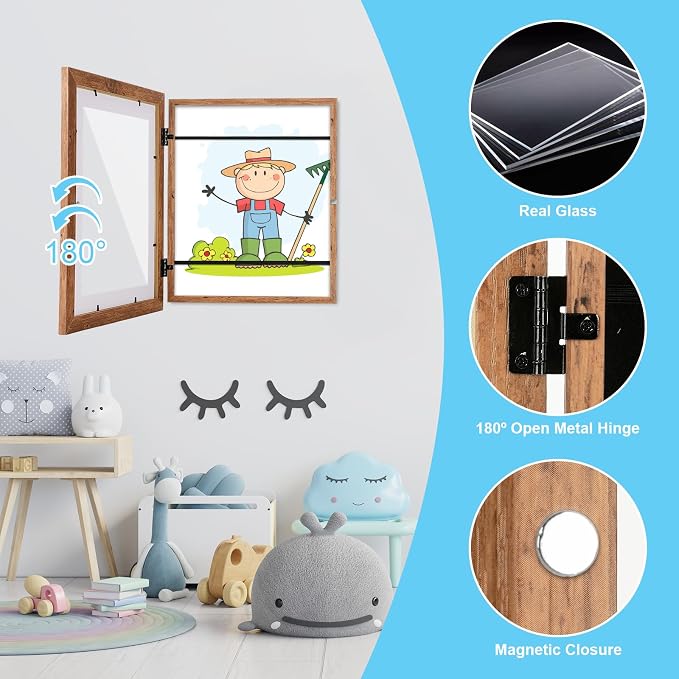 [2 Pack] Kids Art Frames, 10x12.5 Front Opening Kids Artwork Frames Changeable,Dark Woodgrain Artwork Display Storage Frame for Wall, Holds 50 Pcs, for 3D Picture, Crafts, Children Drawing, Hanging