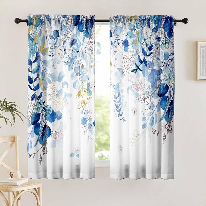 Blue Eucalyptus Curtains 63 Inch Length 2 Panels, Leaves Plant Drapes for Dinning Small Windows, Blue and White Light Filtering Curtain for Living Room Bedroom Bathroom, Dual Rod Pocket, 42" W x 63" L