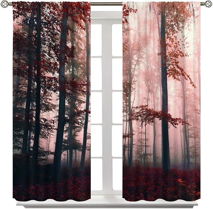 Forest Blackout Curtains for Kids,Watercolour Green Misty Nature Pine Tree Tree Forest Botanical Landscape Window Drapes for Boys Girls Bedroom Living Room Kitchen 55x63in