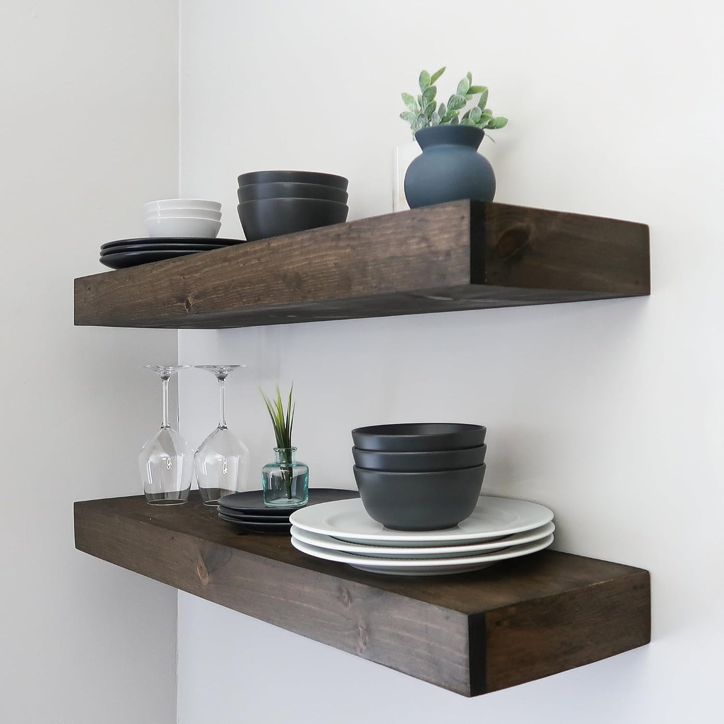 Modern Floating Shelves 3 Inches Thick for Wall, Wide Shelves for Kitchen, Living Room, Bedroom, and Bathroom, Natural Pine Wood, Rustic Wooden Shelf, (Set of 2) (Jacobean, 48Lx3Hx6D)