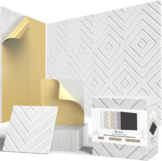 12Pack Acoustic Wall Panels, Self-Adhesive Sound Proof Foam Panels for Walls, High Density Acoustic Foam Sound Dampening & Sound Absorbing for Recording Studios, Offices, Home, 12"×12"×0.4", White