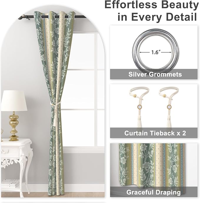 Boho Floral Blackout Curtains with Rope Tassels Curtain Tiebacks, Blackout Curtains for Living Room and Bedroom 84 Inch Long 2 Panels Set, Thermal Insulated Room Darkening Farmhouse Drapes, 52Wx84L