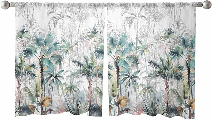 Teal Green Palm Tree Sheer Curtains 45 Inch Length 2 Panels Set for Living Room/Bedroom, Semi Curtain Sheers Drapes Rod Pocket Window Curtains 52x45x2 Summer Tropical Coconut Plant Modern White