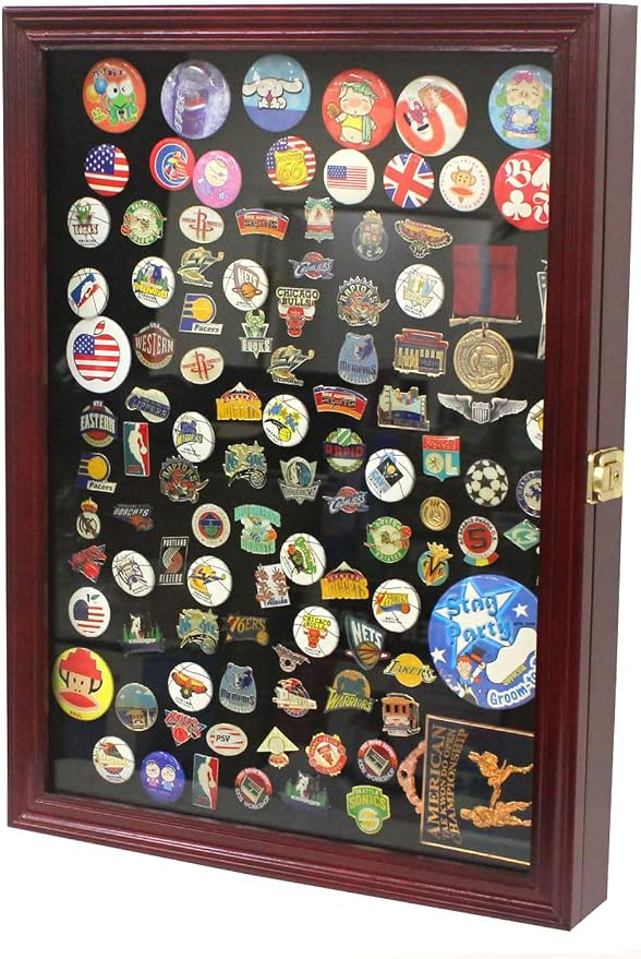 Large 19 X 14 Pin Display Case Medal Shadow Box with 98% UV Protection for Military Medals, Beach Tags, Jewelry Pins, Pin Gift, Insignia Ribbons, Pin Collectibles Cherry Finish