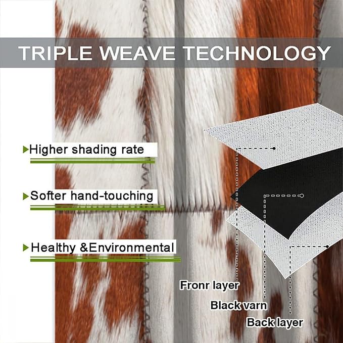 Cowhide Blackout Curtains, Rustic Farmhouse Animal Spotted Brown Cow Texture Print Rod Pocket Curtain Window Treatments 2 Panels Drapes for Kitchen Living Room Bedroom Cafe Decor 55"W X 63"L
