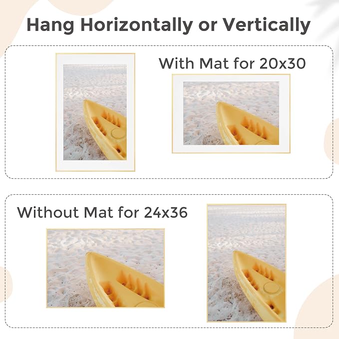 FLYJOE 24x36 Metal Picture Frame For Wall With Mat For 20x30, 24''x36'' Aluminum Photo Frames With Tempered Glass For Home Decor, Minimalist Modern Poster Frame Horizontal And Vertical Formats, Gold