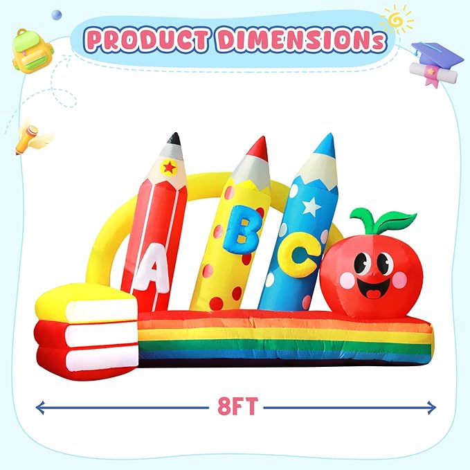 DomKom 8FT Kindergarten Graduation Decorations Crayon Yard,Back to School Inflatable Decoration Red Apple & Book LED Lights Backdrop for 2026 Graduate School Party Decor,Holiday Party Garden Lawn