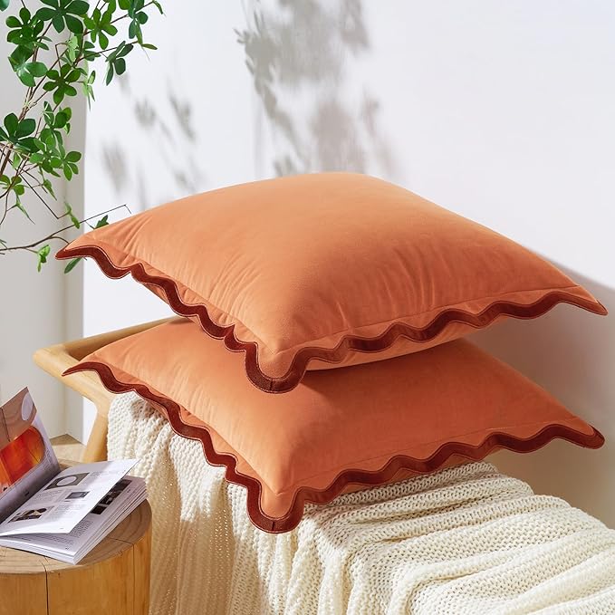 MONDAY MOOSE Decorative Throw Pillow Covers Cushion Cases, Set of 2 Soft Velvet Scalloped Wavy Edge Designs, Mix and Match for Home Decor, Pillow Inserts Not Included (20x20 inch, Rust/Coral)