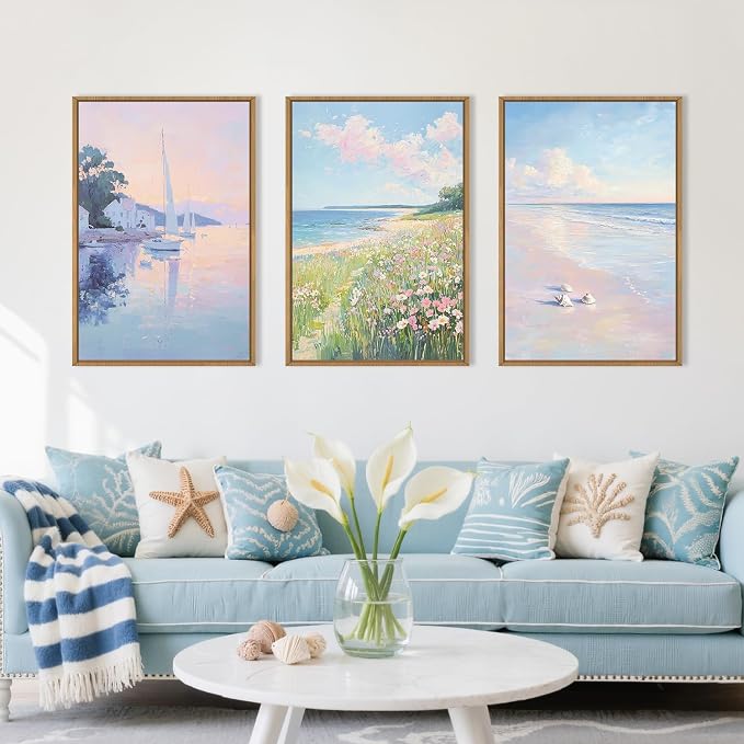 Pink Beach Dreamy Coastal Framed Canvas Wall Art Set,Watercolor Colorful Floral Sailboat Seascape Wall Decor,Soft Preppy Pastel Wildflower Artwork for Living Room,Farmhouse- 16"x24"x3