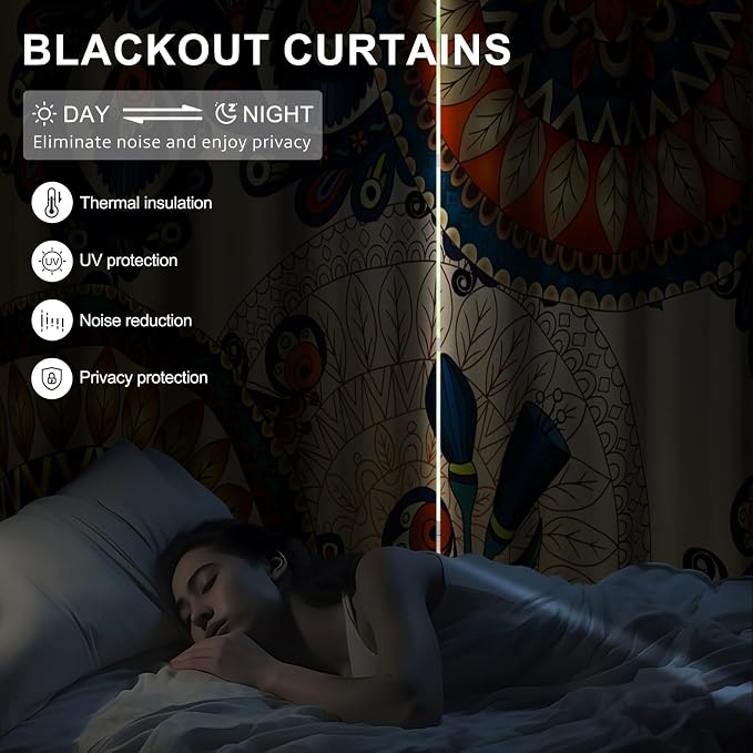 Boho Blackout Curtains for Bedroom and Living Room, Spring Thermal Insulated Darkening Drapes, Mandala Pattern Grommet Soundproof Black Out Curtains 84 Inches Long 2 Panels Set with Curtain Tiebacks