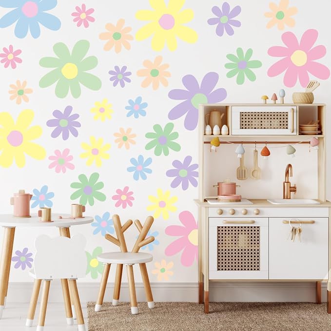 TaoBary 12 Sheet Daisy Wall Sticker Decal Removable Cute Daisy Bedroom Room Decor Flower Wall Sticker Pink White Flower Decal Wallpaper Peel and Stick for Nursery Home(Fresh Color,Attractive Style)