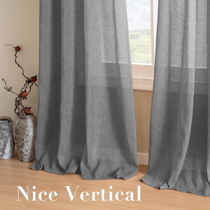 H.VERSAILTEX Linen Curtains Nickel Grommet Natural Linen Semi-Sheer Curtains 2 Panels Privacy Added Premium Soft Rich Material Drapes for Bedroom/Living Room - 52x54 Inch - Charcoal Grey
