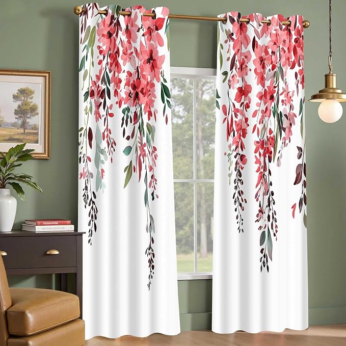 Red Watercolor Floral Curtains, Botanical Leaves Vine Flowers Curtain, Rustic Farmhouse Flower Leaf Blackout Window Treatment Drapes for Bedroom Living Room 42x90 inch, 2 Panels