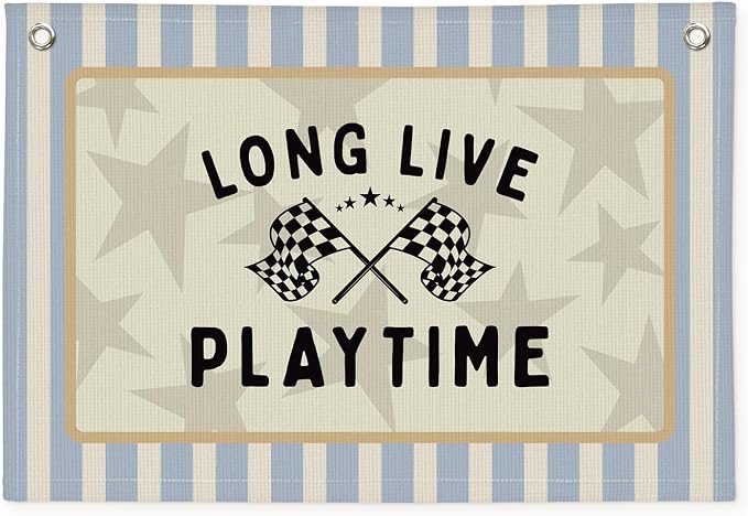 Playroom Decor Wall Banner "Long Live Playtime" 20x30 Inch, Race Car Room Decor for Boys - Nursery Kids Bedroom Wall Hanging, Toddler Children's Kids Room Decor