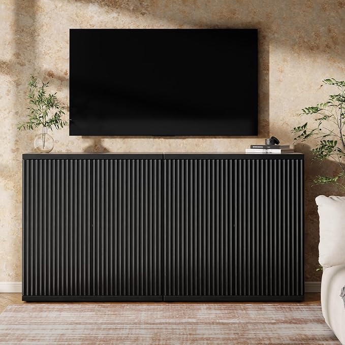 Fluted Buffet Cabinet Sideboard with Storage,Wooden Credenza with 2 Doors&Adjustable Shelve, Modern Accent Cabinets Coffee Bar Bookcase for Living Room,Kitchen Dining Room Entryway 15" D