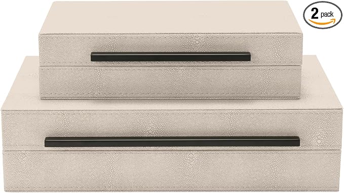 Sagala Set of 2 Ivory Shagreen Decorative Boxes With Black Metal Handles, Faux Leather Jewelry Boxes Modern Storage Boxes Photo Boxes Memory Boxes Home Organizer Box(Ivory)