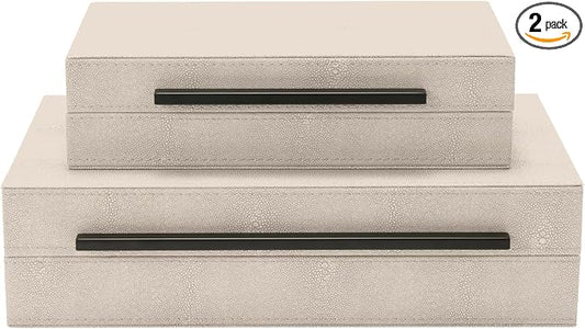Sagala Set of 2 Ivory Shagreen Decorative Boxes With Black Metal Handles, Faux Leather Jewelry Boxes Modern Storage Boxes Photo Boxes Memory Boxes Home Organizer Box(Ivory)