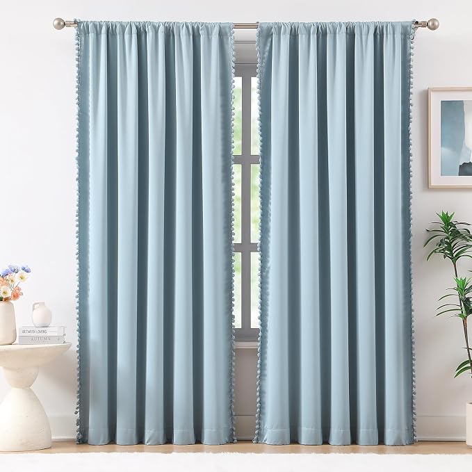 Treatmentex Blue Pompom Curtains for Bedroom Living Room 95 inch Triple Weave Half Blackout Window Curtains for Hotel Men's Guest Room Drapes 52" w x2 Panels Rod Pocket