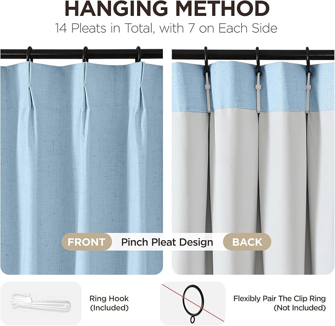 Joydeco Pinch Pleated Linen Curtains Darkening Drapes for Bedroom, 100% Blackout Drapes 96 inches Long 2 Panels Heat Blocking Curtains(Chambray Blue,40'' Wx96'' L)