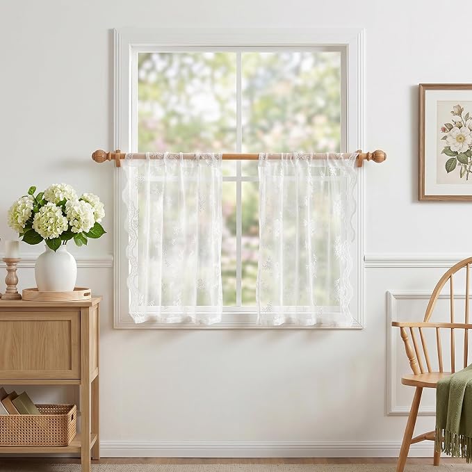 MEETSKY White Lace Curtains 36 Inch Length 2 Panels, Victorian Floral Pattern White Sheer Curtains for Kitchen and Bathroom Mini Curtains Over Sink for Small Windows Camper Cafe 26" W Each Panel