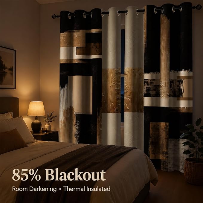 Boho Black Gold Abstract Blackout Curtains, Modern Oil Aesthetic Neutral Contemporary Beige Darkening Thermal Insulated Grommet Light Blocking Drape Decor, 52 x 96 Inch Long 2 Panels