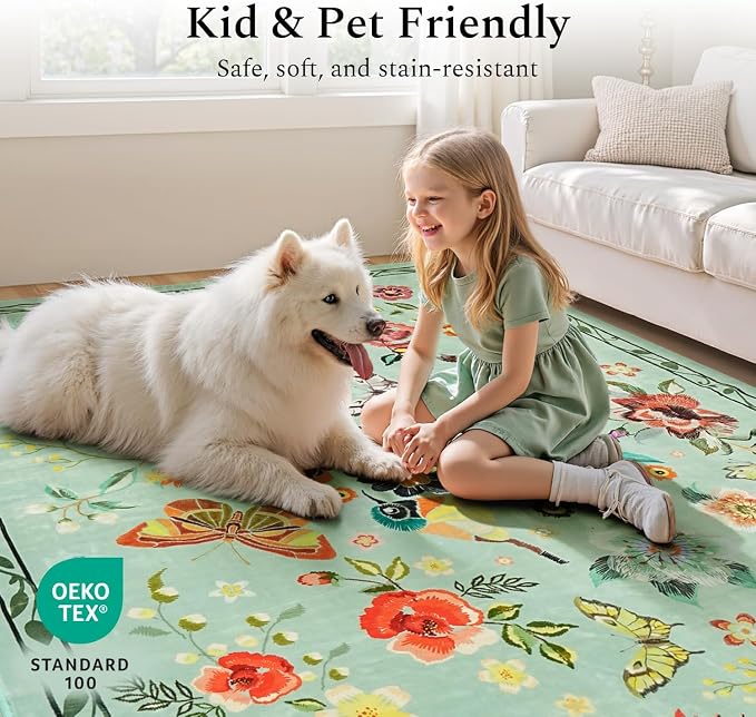Rugflix 2x3 Small Area Rugs for Entryway, Washable Entrance Door Mat Non-Slip, Soft Low Pile Stain Resistant Vintage Floral Indoor Throw Rug for Kitchen, Bedroom, Hallway, Green