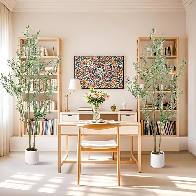 Artificial Fake Olive Tree 6FT Tall 2Pack with White Planter Faux Silk Olive Tree for Home Living Room Office Decor Faux Artificial Plants Indoor with Fruit & Free Moss