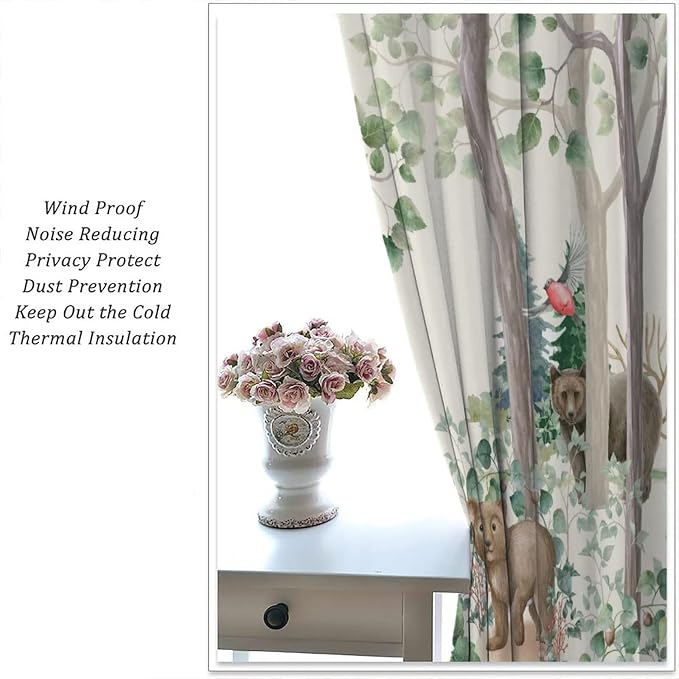 Forest Animal Kids Curtains, Wild Rustic Bear Fox Deer Children Cartoon Window Treatments for Living Room, Watercolor Blackout Drapes 2 Panel Sets,72x63 Inch