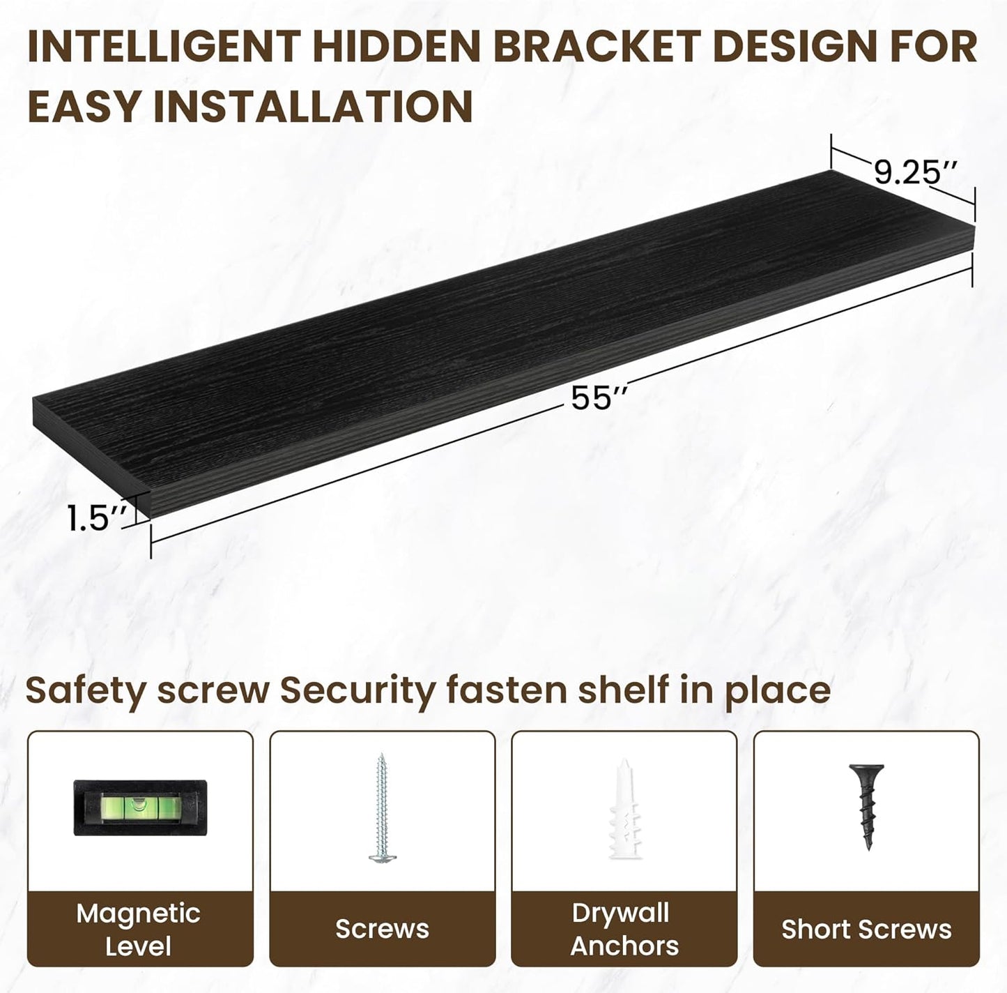 55 Inch Floating Shelves, 55"x9.25"x1.5" Inch Deep Floating Shelves for Wall, Wooden Shelves for Bathroom, Bedroom, Living Room, Black