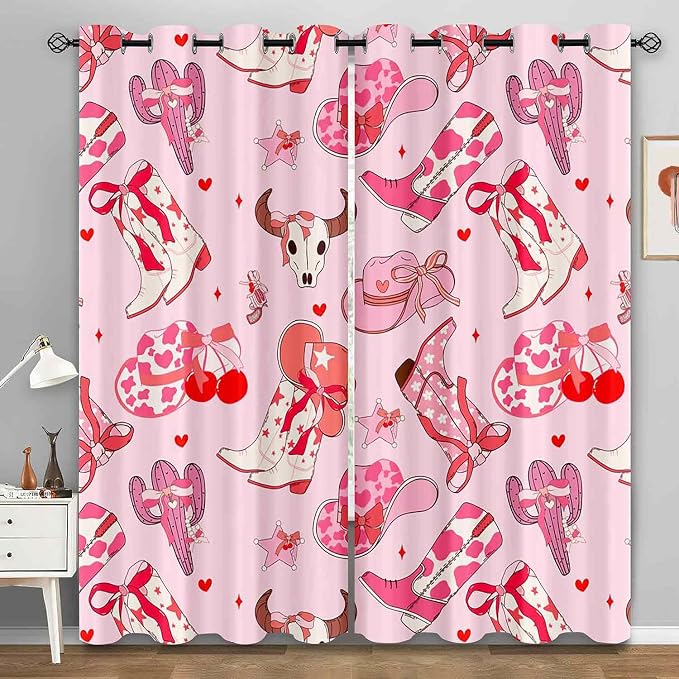 LUVIVIHOME Cowgirl Blackout Curtains, Cherry Boots Preppy Coquette Curtains for Girls Bedroom Living Room, Cute Girly Pink Western Cowgirl Room Decor, Grommet Window Drapes 2 Panel Sets, 42x63 Inch