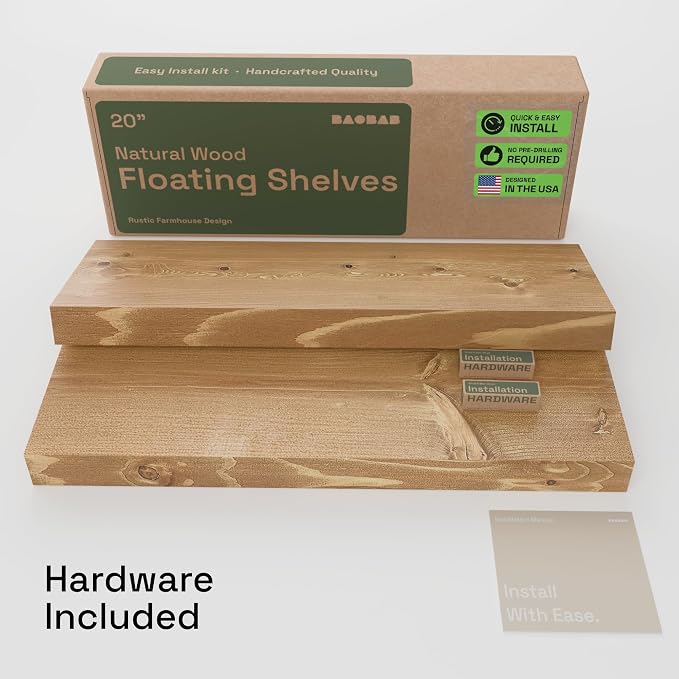Natural Wood Floating Shelves for Wall 20 Inch Oak, Wooden Bathroom Shelf | Solid Wood, 20 Inches Wide, Wall Mounted, Bedroom Kitchen Living Room, Rustic Farmhouse, Oak Finish, 20W × 6.7D, Set of 2