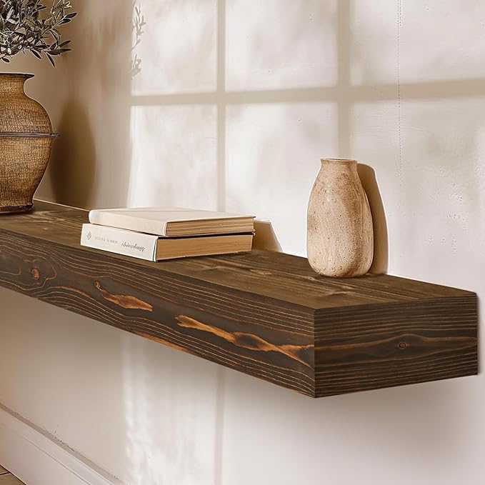 Fireplace Mantel Handmade, 3'' Thick Wall Decor Long Floating Shelf, 48inch Rustic Wood Shelf with Invisible Brackets, Brown