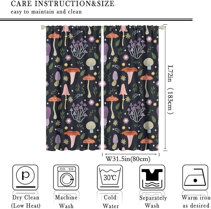 Mushroom Curtains,Colorful Plant Forest Botanical Print Window Treatments for Bedroom Living Room Kitchen Cartoon Herbs Floral Window Drapes 2 Panels Set,Total Size 63 x 72 Inch