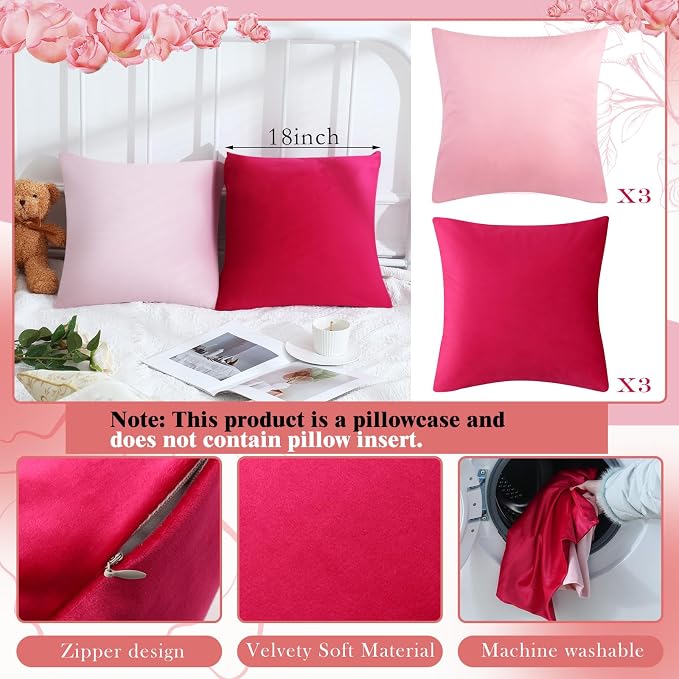 Berlune 6 Pcs Pink Picnic Velvet Throw Pillow Covers 18" x 18" Hot Pink Decorative Cushion Cases Soft Pillowcase Coquette Party Accessories Couch Sofa Bed Picnic Chair Home Decor, No Inserts