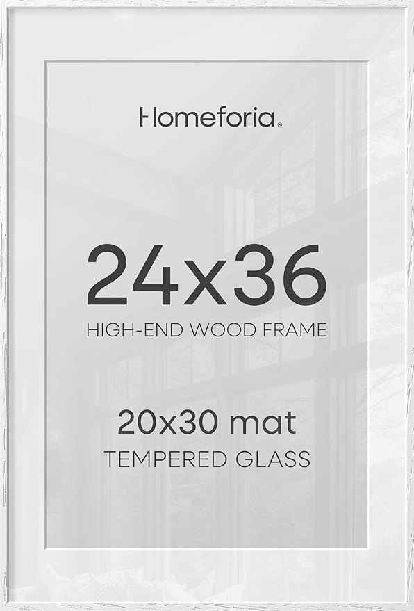 Homeforia White Picture Frame 24x36, High End Oak 24 x 36 Wood Poster Frame with Mat 20 by 30 for Photo, 24x36 Large Wooden Frame Matted to 20x30, 36x24 Thin Frames, Tempered Glass, Wall Kit, Set of 1