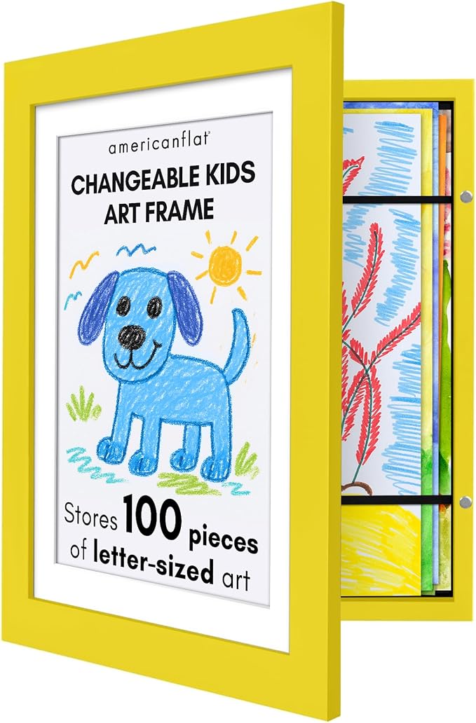 Americanflat Kids Artwork Frame Changeable (Sunshine Yellow) - Magnetic Door Holds 100 Art Pieces - 8.5x11 Letter Size Display with Mat or 10x12.5 Without Mat - My Mini Masterpiece