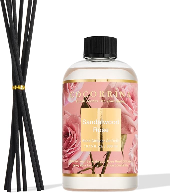 Cocorrína Reed Diffuser Refill Sandalwood Rose 10.14oz (300ml) with 8 Sticks - Premium Long-Lasting Floral Essential Oil, Home Fragrance for Bedroom, Bathroom Home Decor