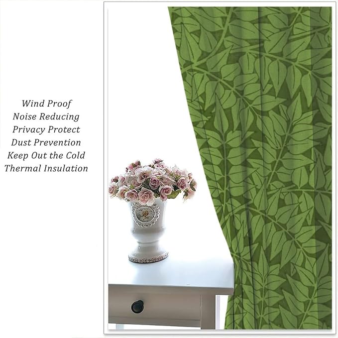Bohemia Retro William Morris Art Blackout Window Curtains, Flowers Foliage on Green Background Curtains, for Living Room Bedroom 36(W)*63(L) 2 Panels