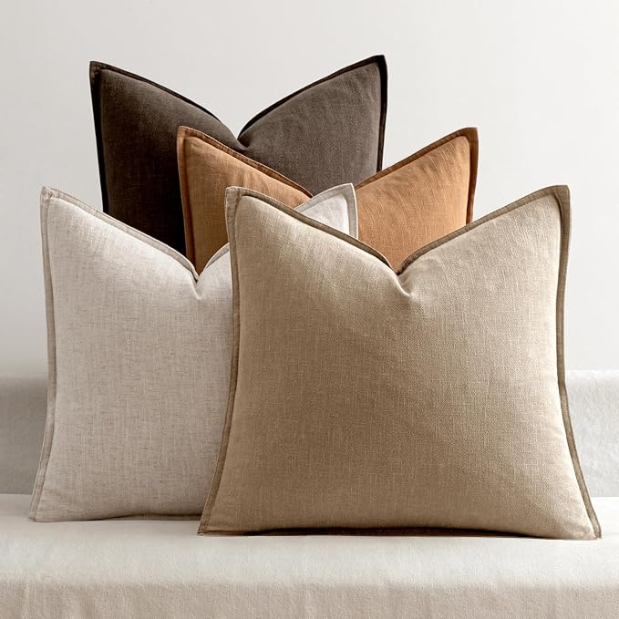MIULEE Neutral Brown Boho Linen Pillow Covers 22x22 Inch Pack of 4 | Natural Fall Decorative Throw Pillow Covers Soft Farmhouse Couch Pillowcases Modern Decor for Living Room Bed Sofa