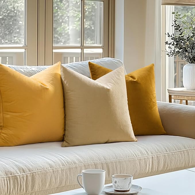 MIULEE Pack of 2 Mustard Yellow Pillow Covers 20x20 Inch Decorative Velvet Throw Pillow Covers Modern Soft Couch Throw Pillows Farmhouse Spring Home Decor for Sofa Bedroom Living Room