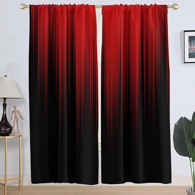 AAtter Red Black Window Curtains, Room Darkening, Long Wide 52" W x 63" L | 2 Panels Gothic Rod Pocket Drapes, Abstract Modern High Precision Fabric, Burgundy Ombre Large Living Dining Decor for Men