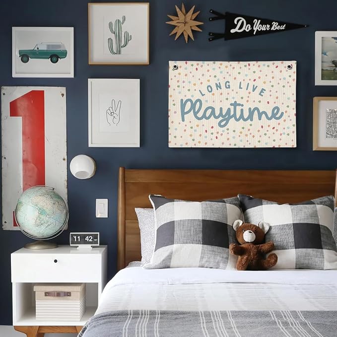 Playroom Decor, Kids Wall Art Hanging Linen Banner, Blue Striped Wall Flag for Playing Room Nursery Playroom Decor, 20x30 Inch