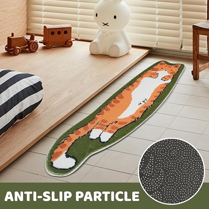 Cat Rugs, 1.3' X 3.9' Small Cute Irregular Shaped Rug for Bedroom Bathroom Room, Funny Cartoon Pet Area Carpet Kid Rugs, Cat Decor Dog Shaped Pet and Children Entryway Runner Rug (A Green Cat)