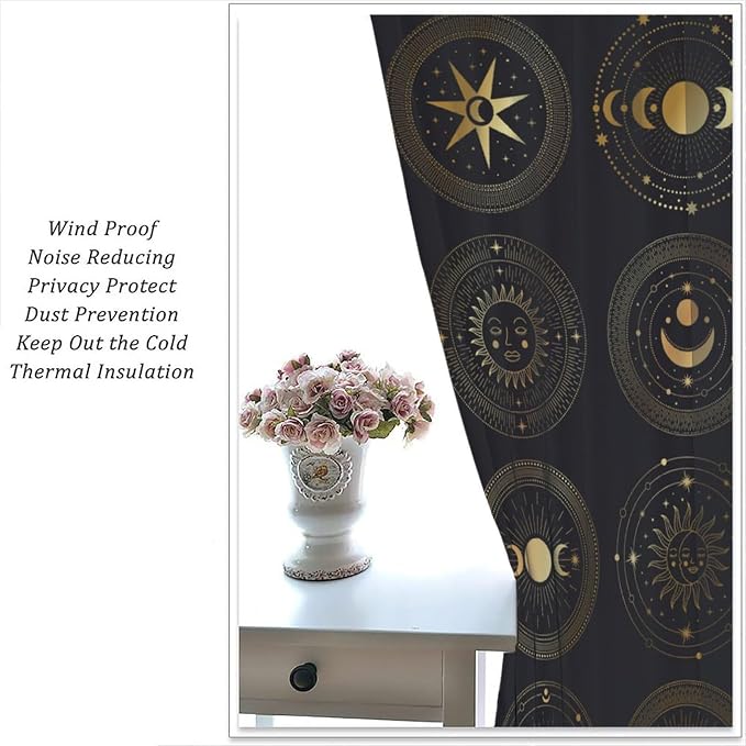 Bohemian Sun Moon Star Blackout Curtains, Golden Retro Style Sun and Moon Pattern Print Window Drapes, for Living Room Bedroom 42x63in 2 Panels