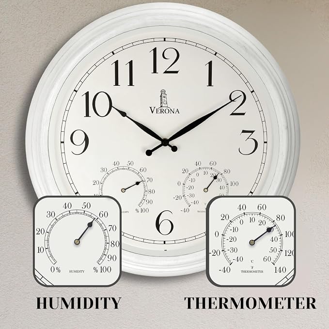 Outdoor Clocks for Patio Large Waterproof with Thermometer - White 18 inch Indoor Outdoor Wall Clock with Temperature and Humidity Combo - Weatherproof, Accurate & Easy to Read for Pool, Garden & Home