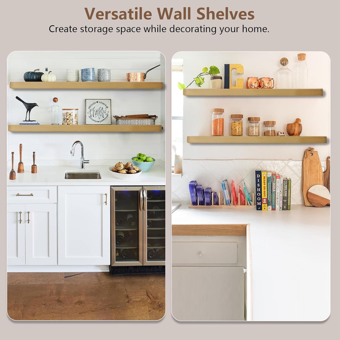 Solid Wood Floating Shelves Set of 2 - Natural, Warp & Crack Resistant 17.72 Inch Wall Shelf with Invisible Brackets Thicker, More Durable for Bathroom, Bedroom, Kitchen, Living Room (Wood, 17.72)